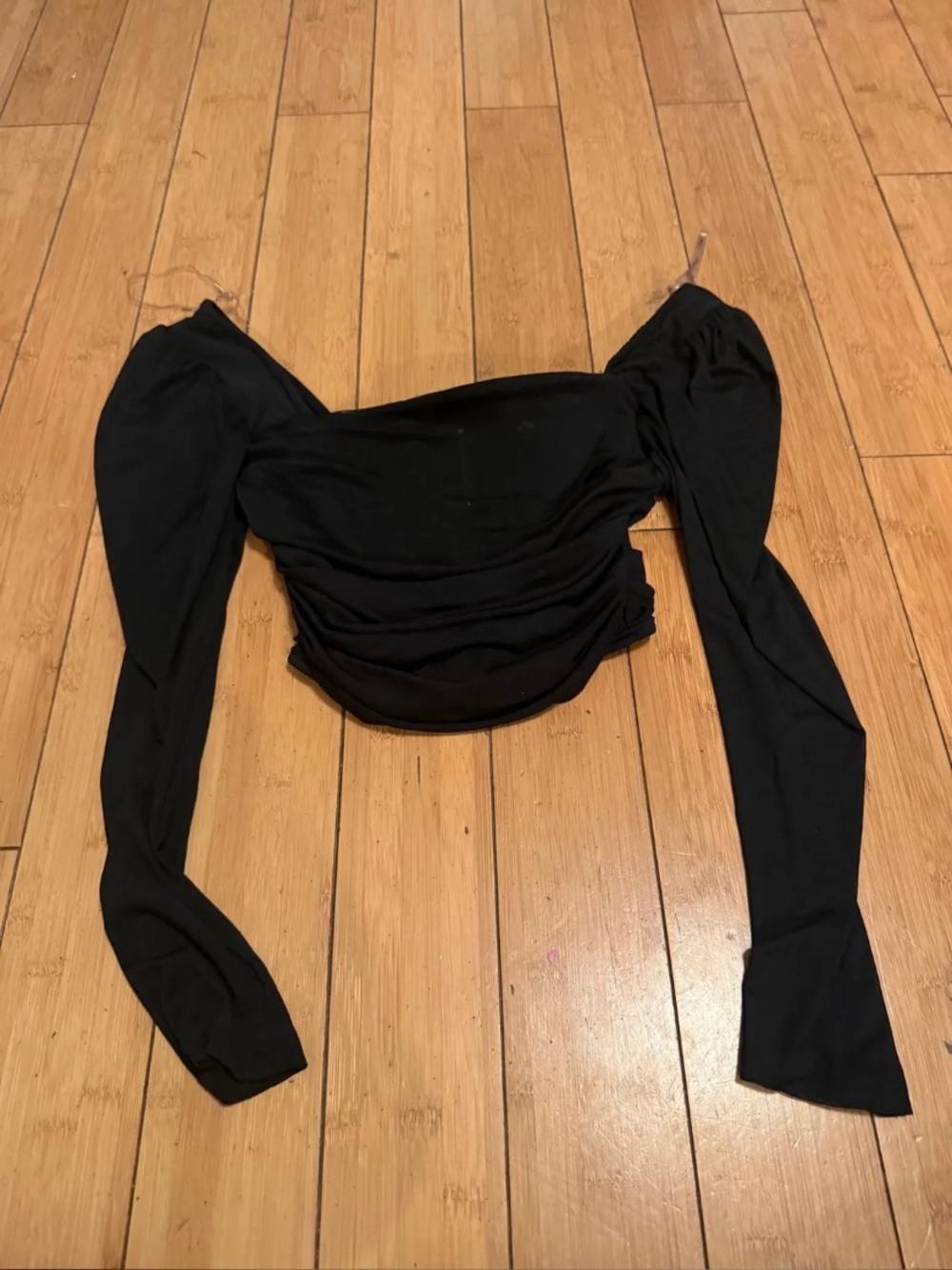 Ruched Off-Shoulder Black Long-Sleeve Crop Top